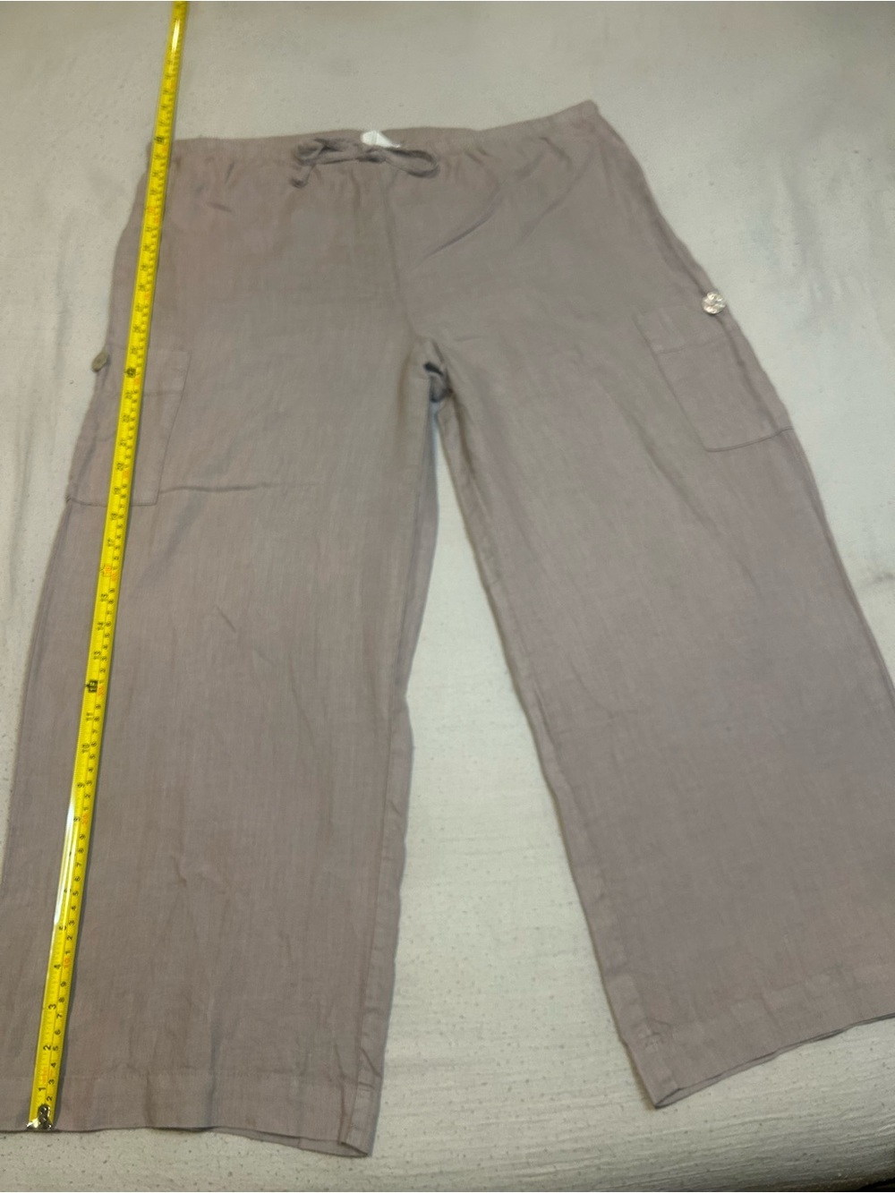 Women's Wide Leg Cargo Linen Pants in Taupe brown. - Picture 2 of 9